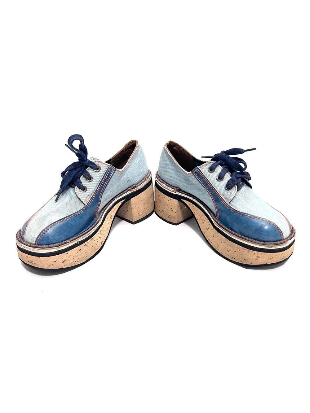 Vintage 1970s blue denim and vegan leather lace up platform heeled disco oxfords